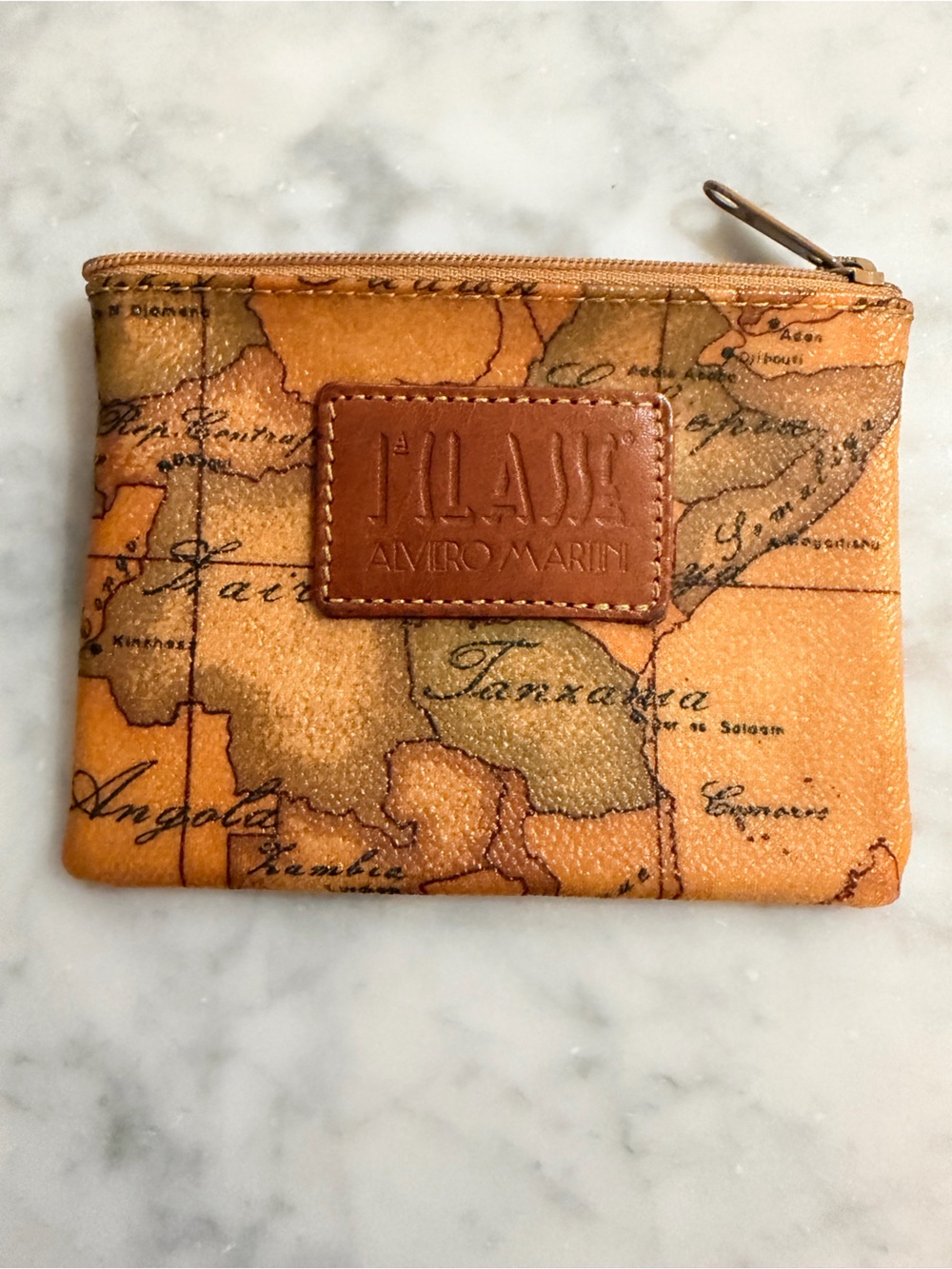Alviero Martini Map-Print Zip Coin Pouch in Tan and Brown
